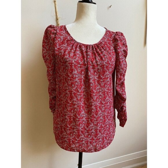 MAX Studio BNWOT Red Floral Ruched Sleeve Blouse Women Sz Small - Picture 2 of 5